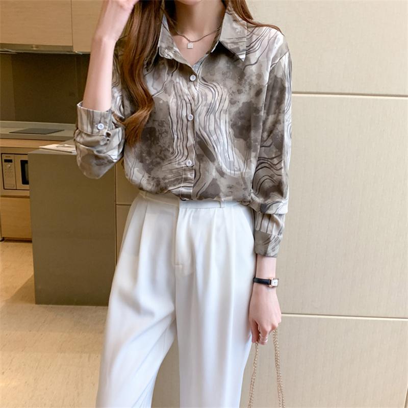 Jarní volné Dámská košile Ink Splash Print Košile s dlouhým rukávem Dámská košile s dlouhým rukávem Zapnout Neck Blusas Mujer De Moda 2022