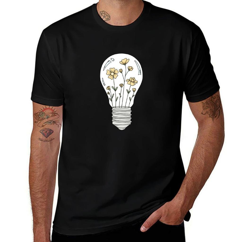 Light Bulb With Yellow Flowers TShirt Casual Soft Cotton Short Sleeve Tee TShirt