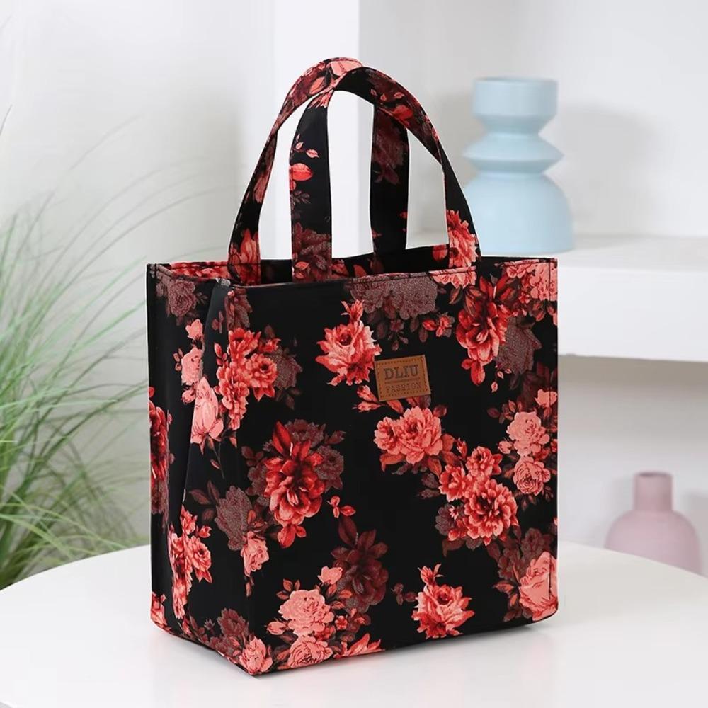 2026 Thickened Floral Print Lunch Bag Vintage Thermal Insulation Handbag Large Capacity Portable Lunch Bag Women