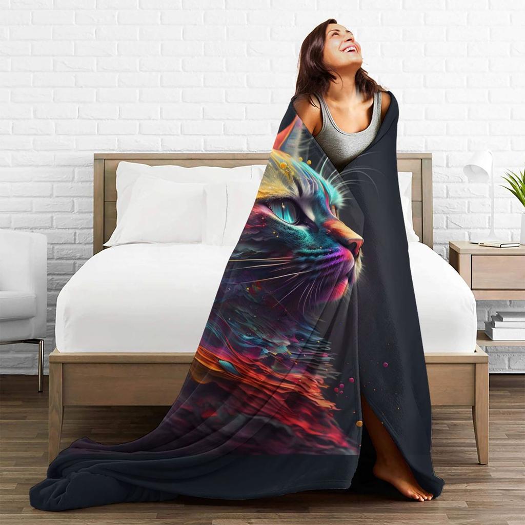 Abstract Cat Soft Durable Blanket Colorful Splash Print Camping Throw Blanket Autumn Custom DIY Flannel Bedspread Sofa Bed Cover