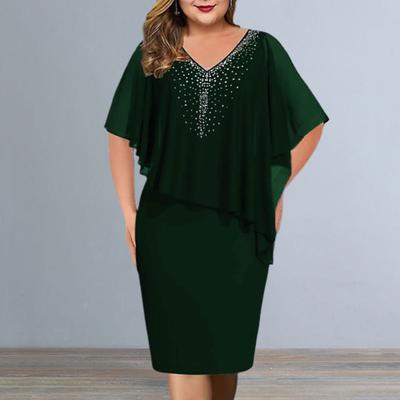 Abito da festa da donna scollo a V manica corta tinta unita irregolare strass decor dress-up aderente abito da banchetto in chiffon taglie forti