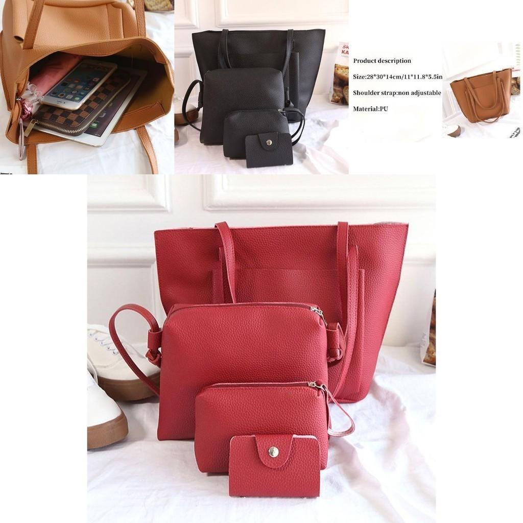 Lychee Pattern Pu Leather Women's Handbag Set With 4 Pieces