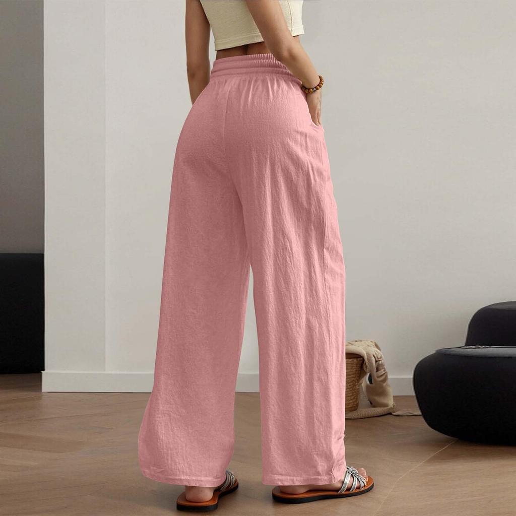 Women's Wide Leg Pants Elastic Drawstring Waist Pants Beach Vacation Casual Trousers With Pockets