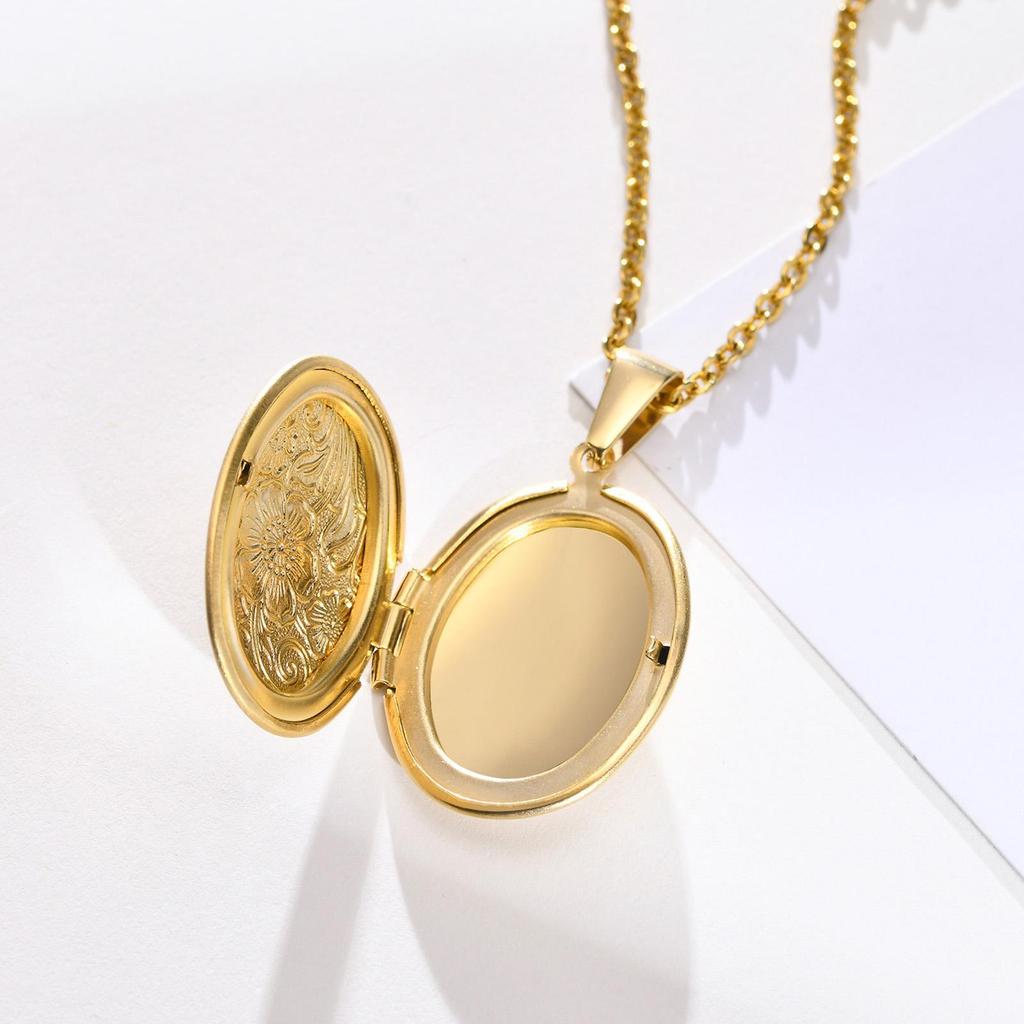 Collane Ciondolo Medaglione Cuore Ovale Floreale Delicato per Donna, Acciaio Inossidabile Cornice Foto Promessa Amore Ricordo Regalo