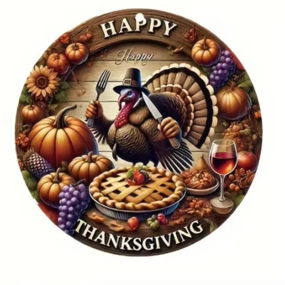 Thanksgiving Festive Sign: A "Happy Thanksgiving" 2D Round Plaque Embellished with Turkey and Autumn Harvest Decor