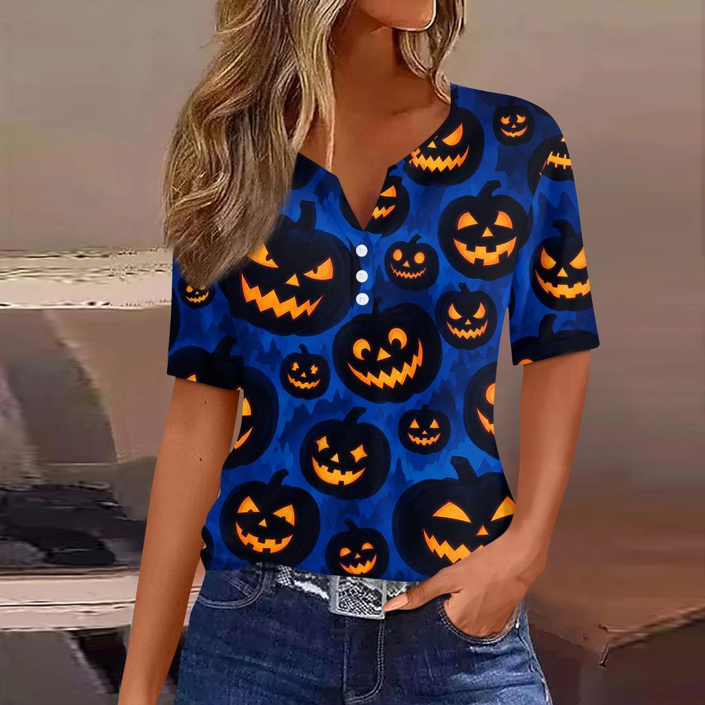 Women's Casual Halloween Print V Neck Short Sleeve Button T Shirt Top Lightweight Comfortable Fit