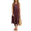 Women's Color Cotton Linen Dress With Sleevesless And Pockets