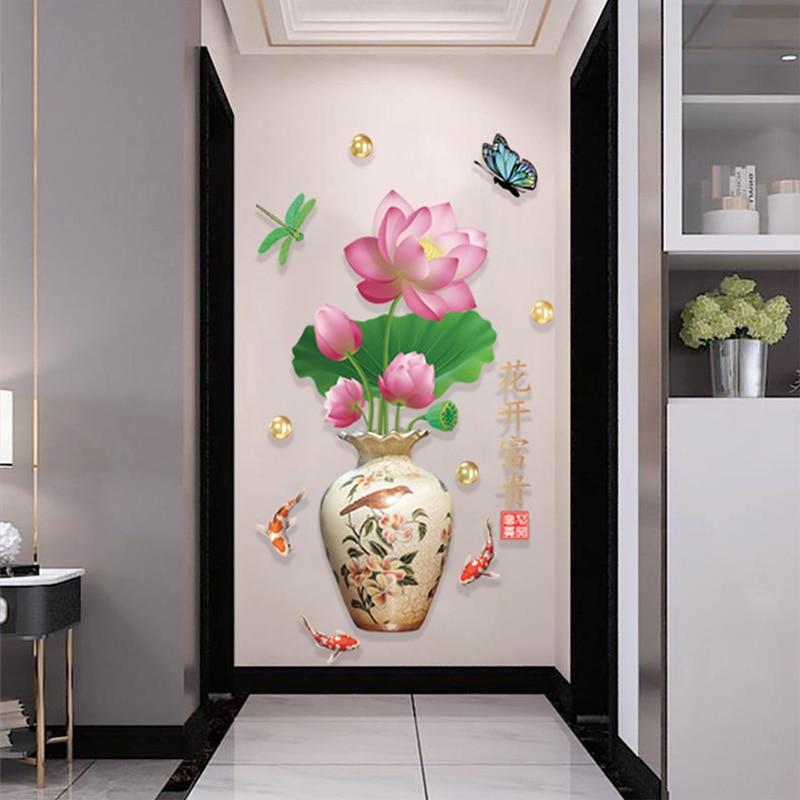 Autocollant Porte Style Palais Chinois 3D - Motif Fleur Botanique, 77x200 Cm | Décor Mural PVC Amovible