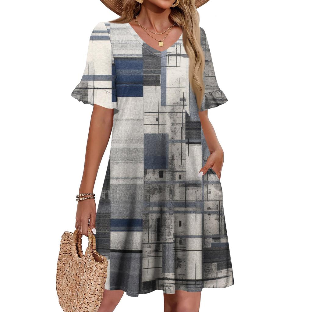 Women A Line Sun Dress Short Sleeve V Neck Printed Dress With Pockets