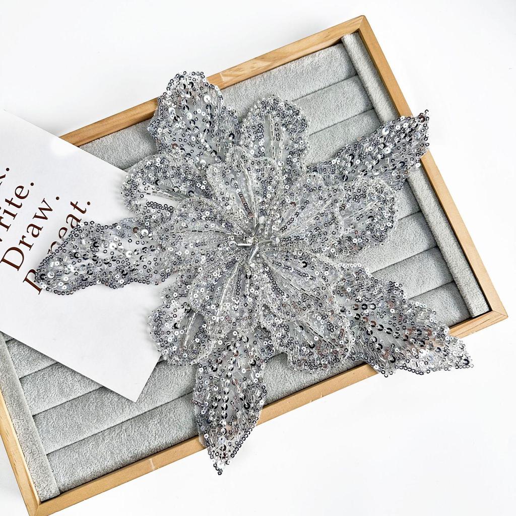 "White Multi-Layer Sequin Bow Tie with Skirt Accessories & Decorative Beaded Corsage"