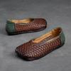 Johnature Vintage Versatile Genuine Leather Woven Flat Shoes Handmade Square Toe Shallow Soft Sole Slip-on Shoes