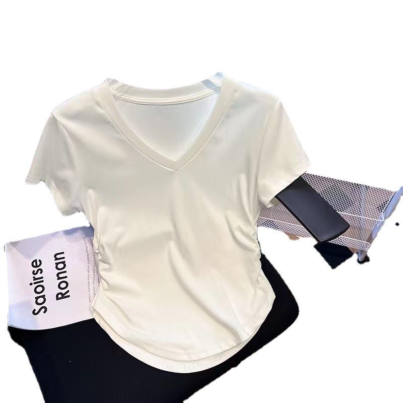 Women's Slim-Fit V-Neck Short-Sleeve Top - Elastic Waist, Round Hem, Solid Color for Summer