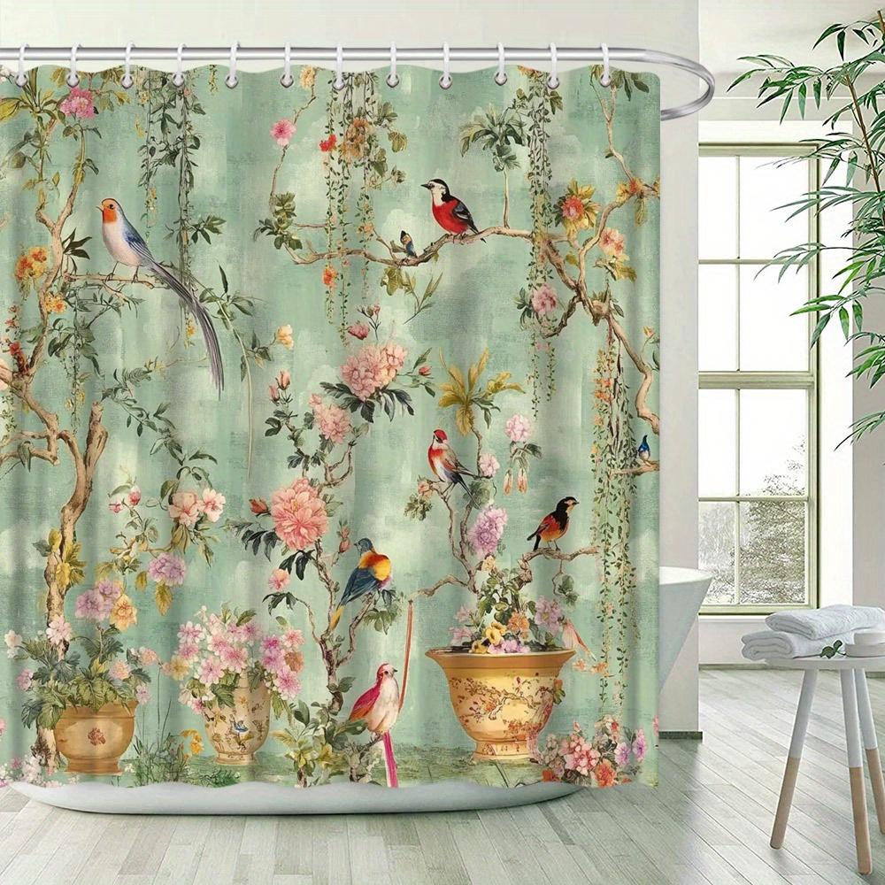 1Pc Vintage Botanical Garden Shower Curtain - Colorful Birds & Flowers, Polyester, 12 Hooks, Waterproof, Bath & Patio Decor
