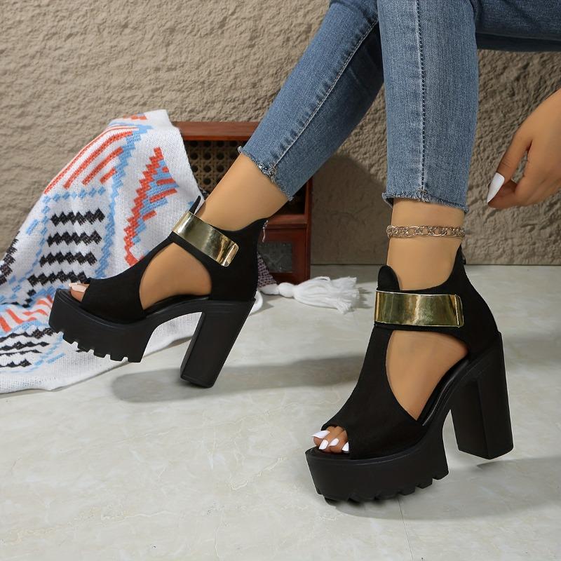 Plus Size Women'S Fashion Platform High Heel Sandals - Elegant Black Thick Sole Slip-On Dress Shoes with Golden Buckle Straps, Comfortable