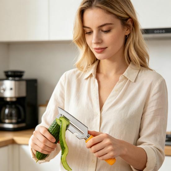 Multifunctional Vegetable Peeler with Comfort Handle Stainless Steel Curved Blade Built-in Bottle Opener Kitchen Tool for Apples Carrots Cucumbers