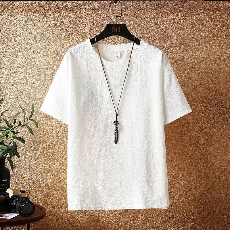 Men's Cotton-Linen Retro Loose Fit Short-Sleeve T-Shirt - Solid Color, Large Size, Round Neck