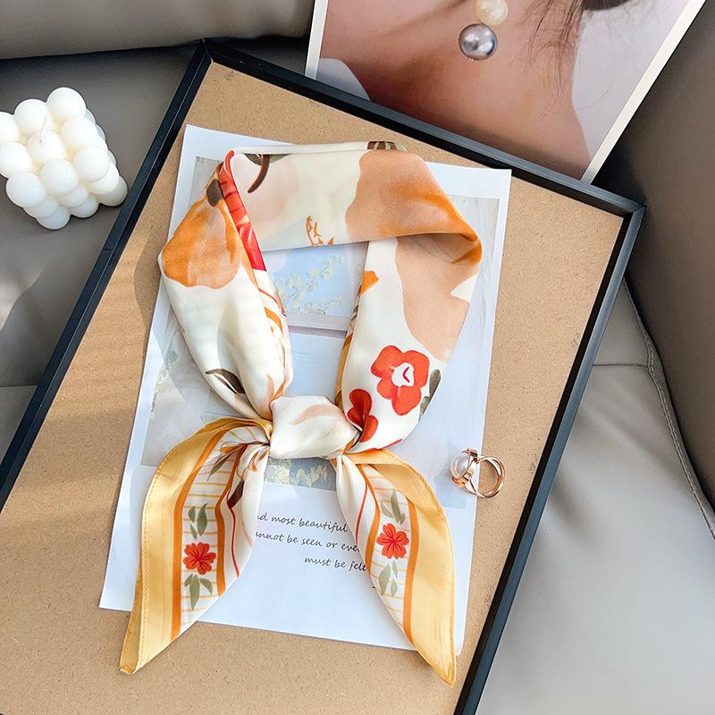 Korean Version of Spring Versatile Flower Small Square Scarf Small Fresh Chest Wrap Headscarf Decorative Scarf Neck Small Scarf Small Silk Scarf