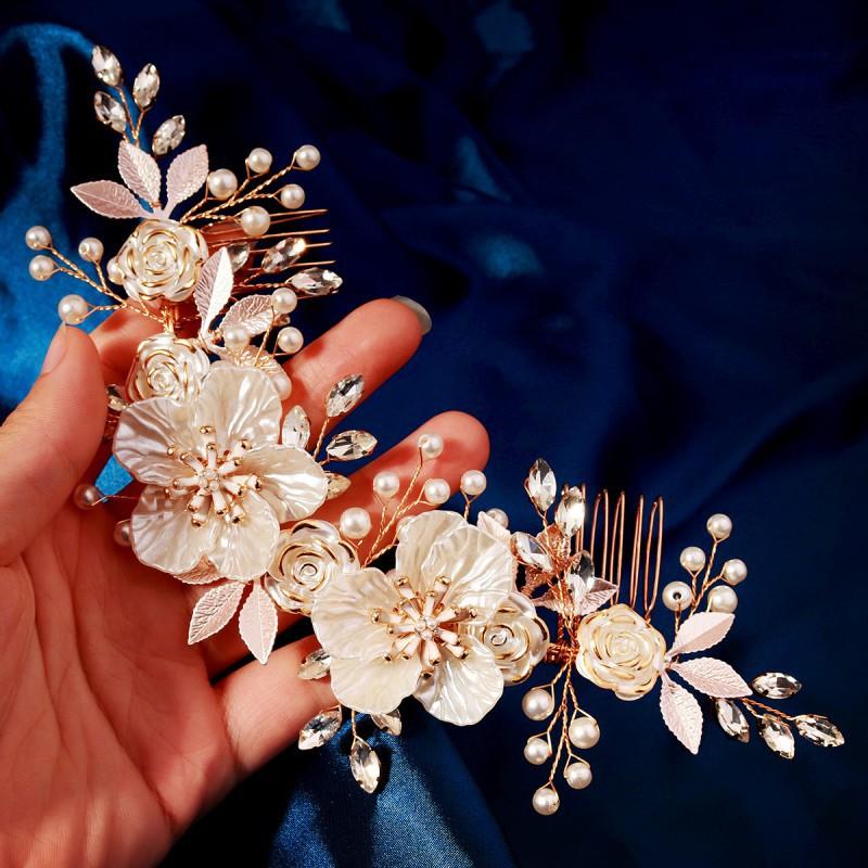 Weiße Acrylblume Braut-Kopfschmuck Reiner Handgemachter Perlen-Haarkamm Westlicher Hochzeitskranz Doppelband
