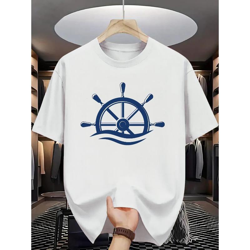 Men'S Summer Fashion Short Sleeve T-Shirt, Casual Regular Fit with Slight Stretch, Print Nautical Wheel Design