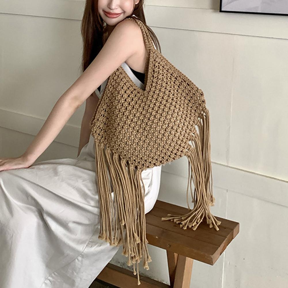 

Long Tassel Crochet Shoulder Bag Bohemian Rope Woven Bags for Women Handbag Handmade Knitted Beach Bag Travel Shopper Tote 45x22x25cm