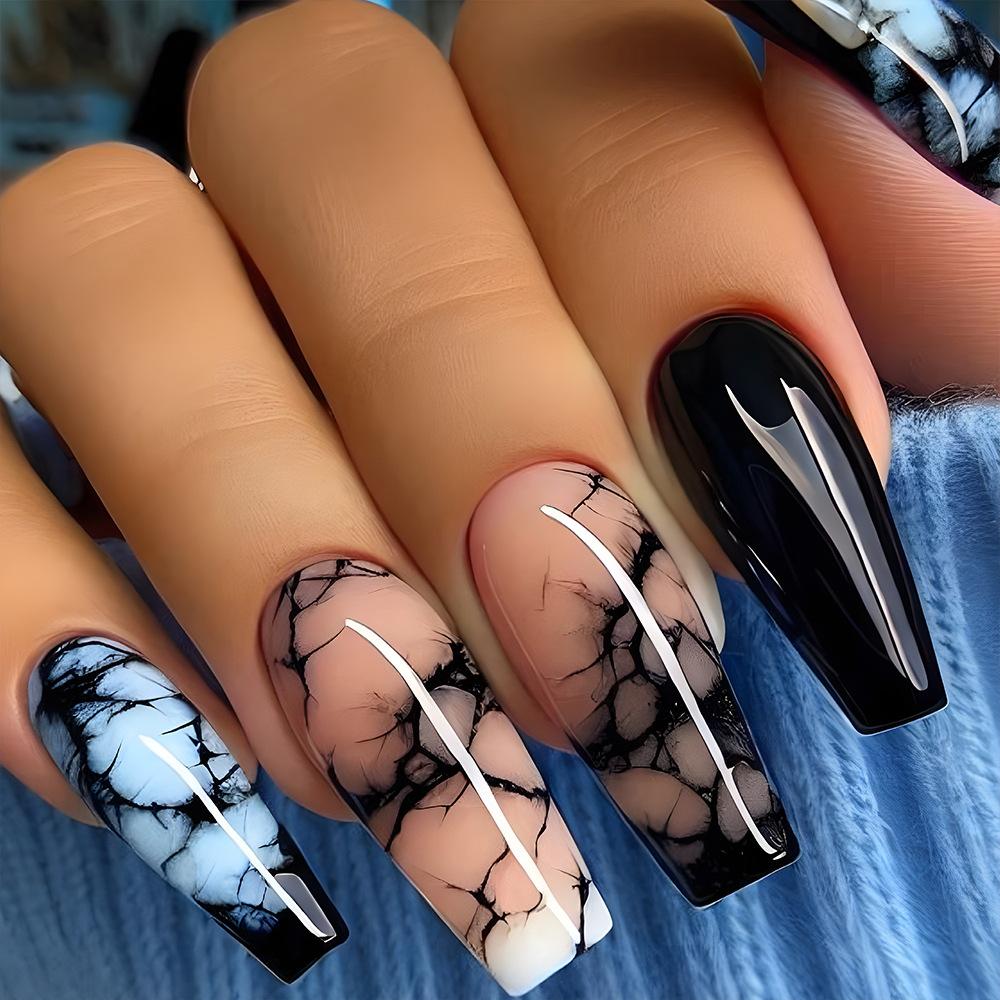 24 Pcs Medium Length Ballet Press On Nails Brown Floral Design Full Cover Detachable Fake Nails Manicure Set