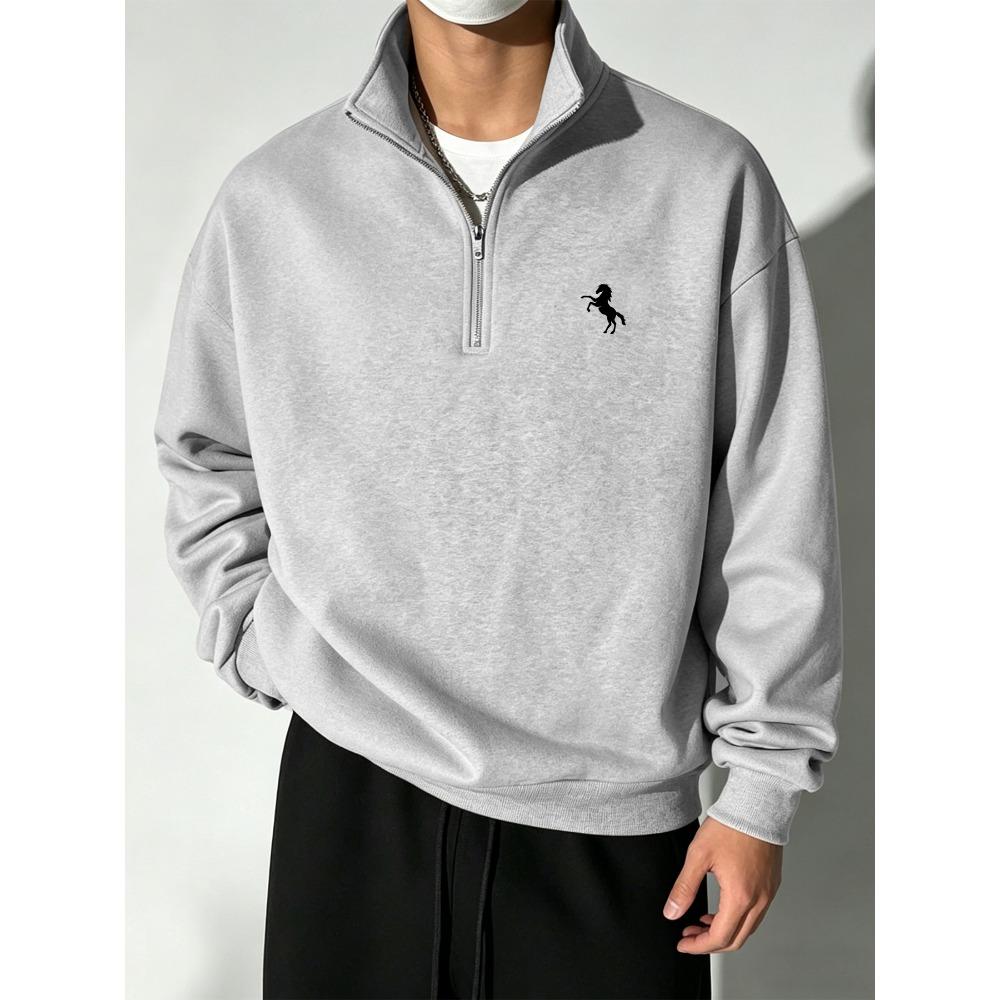 Majestic Horse Minimalist Fashion Men s Half Zipper Sweatshirt, Printed Stand Up Collar Sweatshirt, Casual Long Sleeve Stand Up Collar S серый