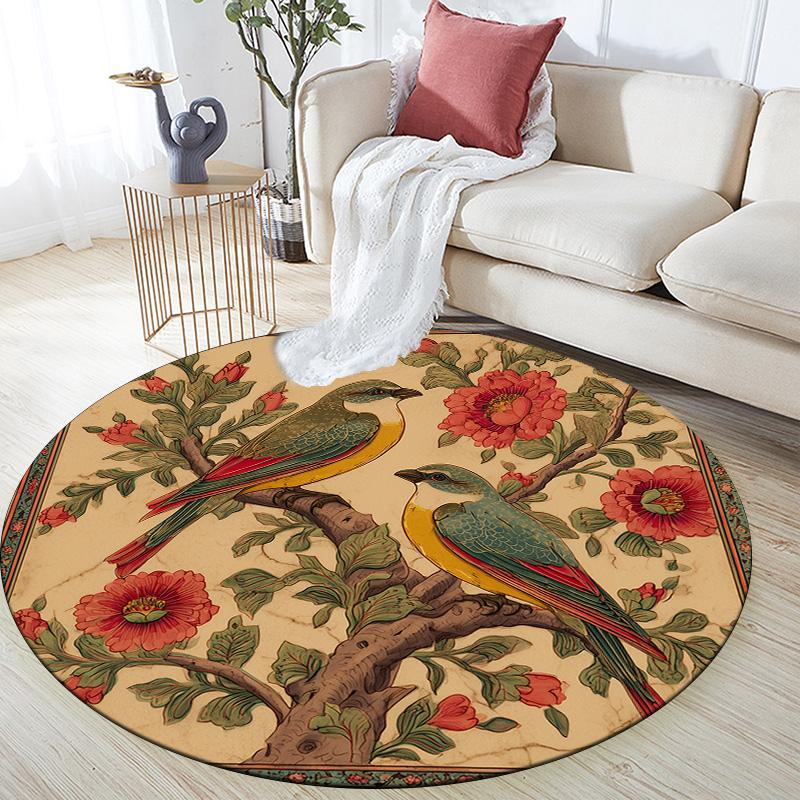 Vintage Flower Bird,Round Area Rug,Carpet Rug for Living Room Bedroom Sofa Playroom Decor,Non-slip Floor Mat