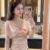 Cloak Type Unique Good-looking V-neck Pink Summer Elegant Top Women's Clothing Twist Bow Design Short-sleeved T-shirt
