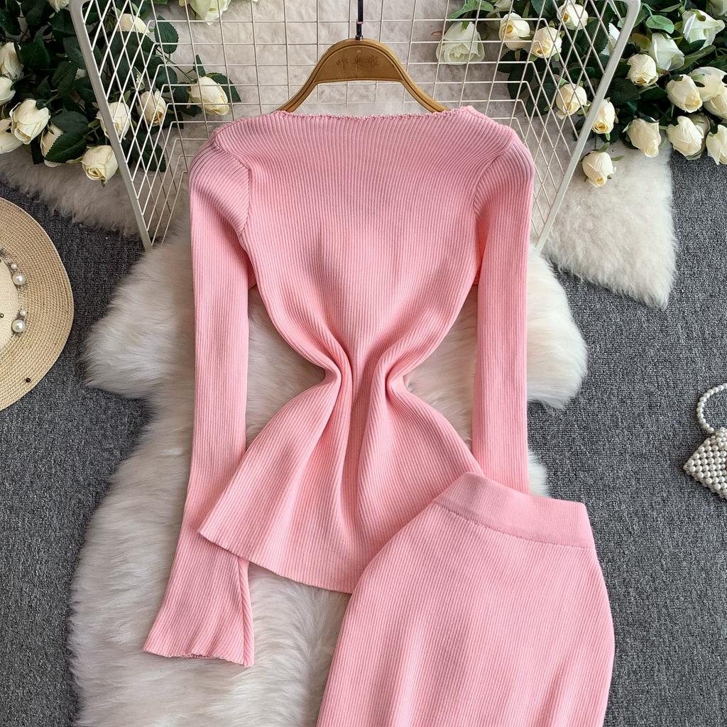 Spring Autumn Women Elegant Knitted Sweater Office Two Piece Set V-neck 3D Flower Pullover Tops and Long Maxi Sheath Skirt Outfits