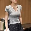 Sleeve Pleated Waist T-shirt for Women's Summer Thin Breathable Short-sleeved V-neck Top