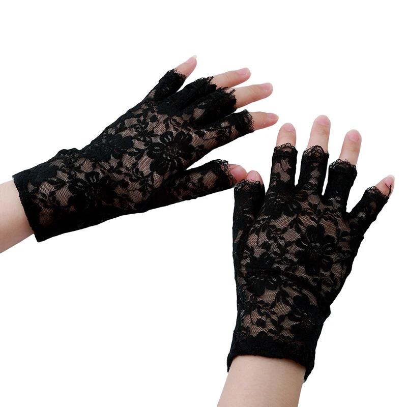 Practical Lace Gloves Women Sun Protection Driving Mittens For Bride Ladies Half Finger Fishnet