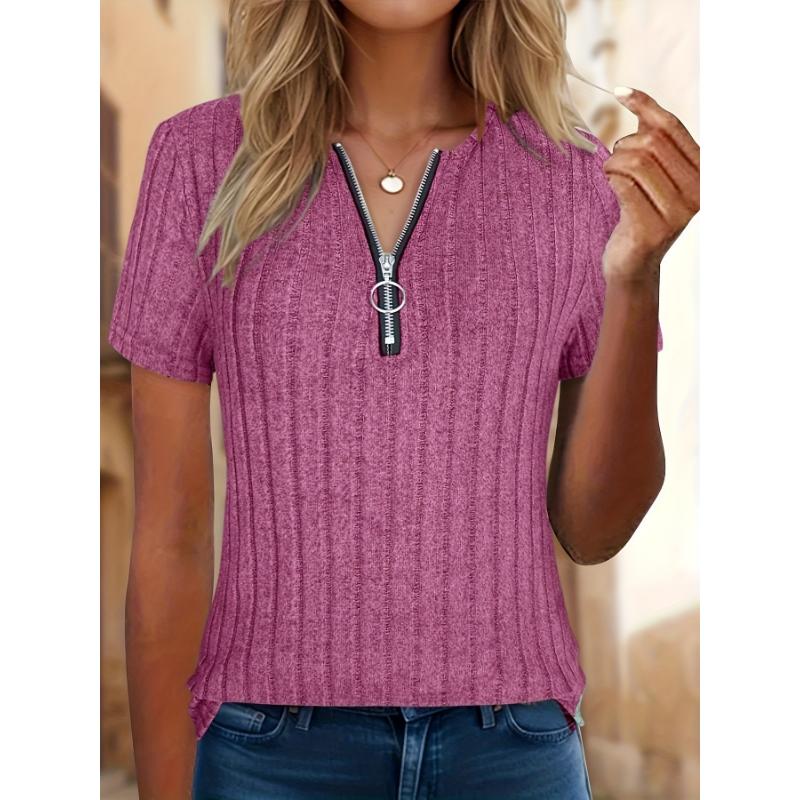 Ladies Casual Elegant Short Sleeve T Shirt Zipper Design Spring Summer Autumn Daily Wear