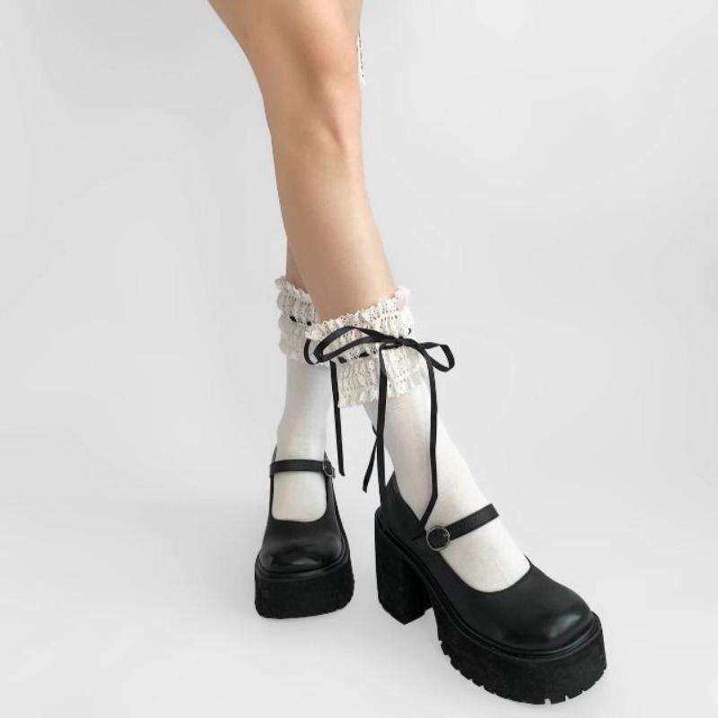 1 Pair Black White Ruffled Knee-High Socks Lace Bowknot Kawaii Soft Girl Sweet Style Women Fashion Adorable Long Socks One Size