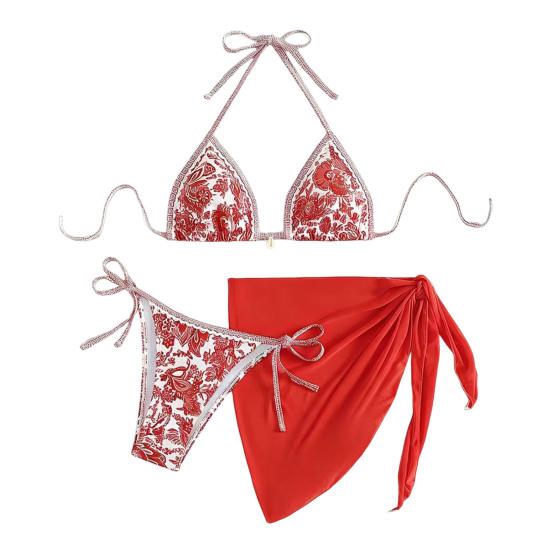 3Pcs/Set Swimsuit Set Halter Chest Pads No Steel Support Bra Swimming Briefs Cover Up