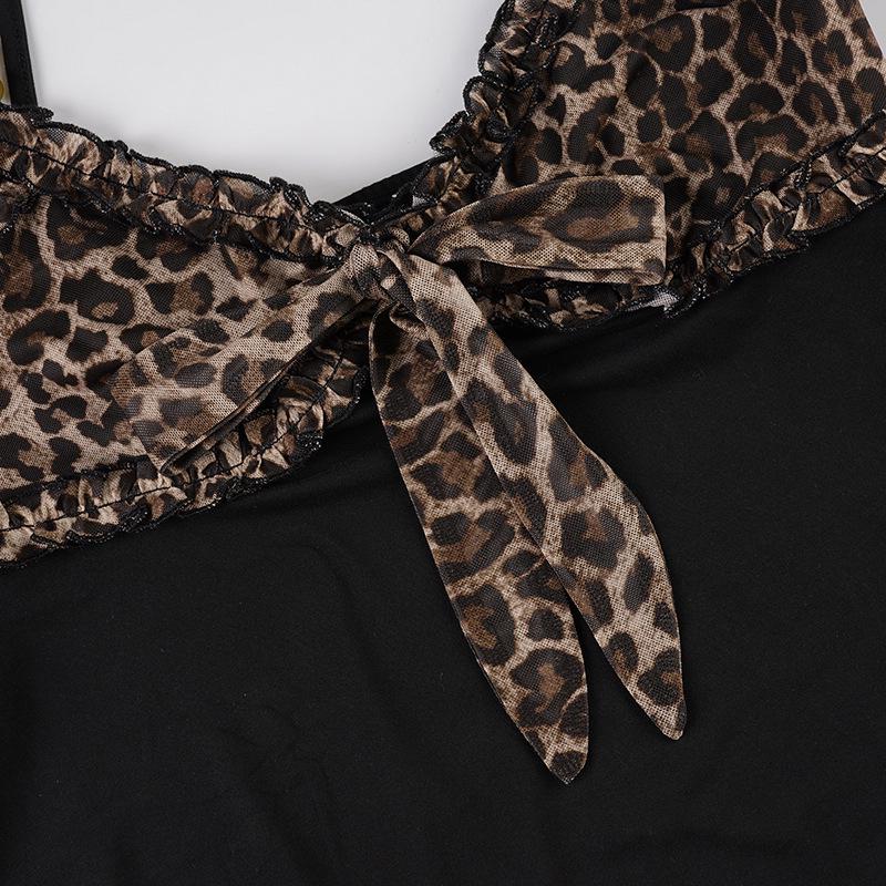 European & American Sexy Leopard Print Color Block A-Line Lace Tie-Up Camisole