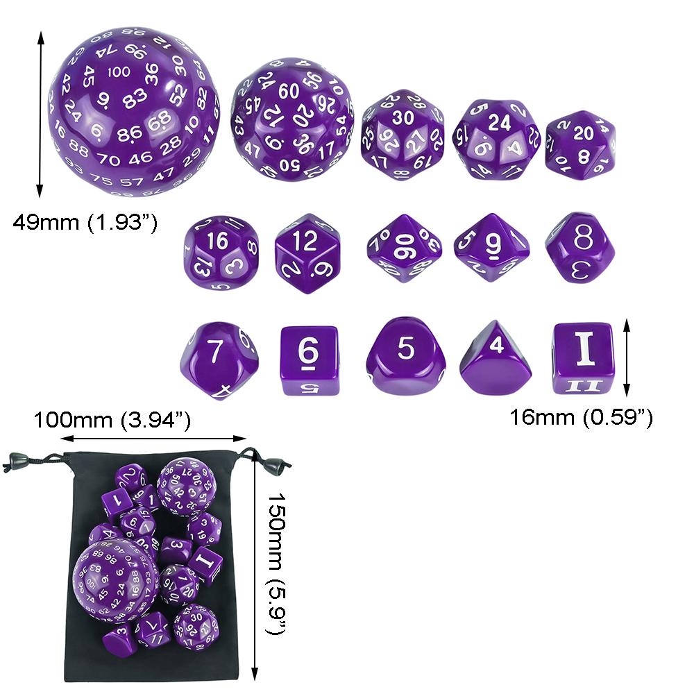 15pcs Opaque Polyhedral Dice Set D3-D100 for Tabletop Role Playing Games DNDGame TRPG Game Dice with Storage Bag