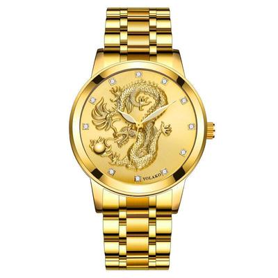 Goldfarbene, wasserdichte Herrenuhr mit Drachentotem, leuchtend, mit Diamantakzenten und nicht-mechanischem Stahlarmband