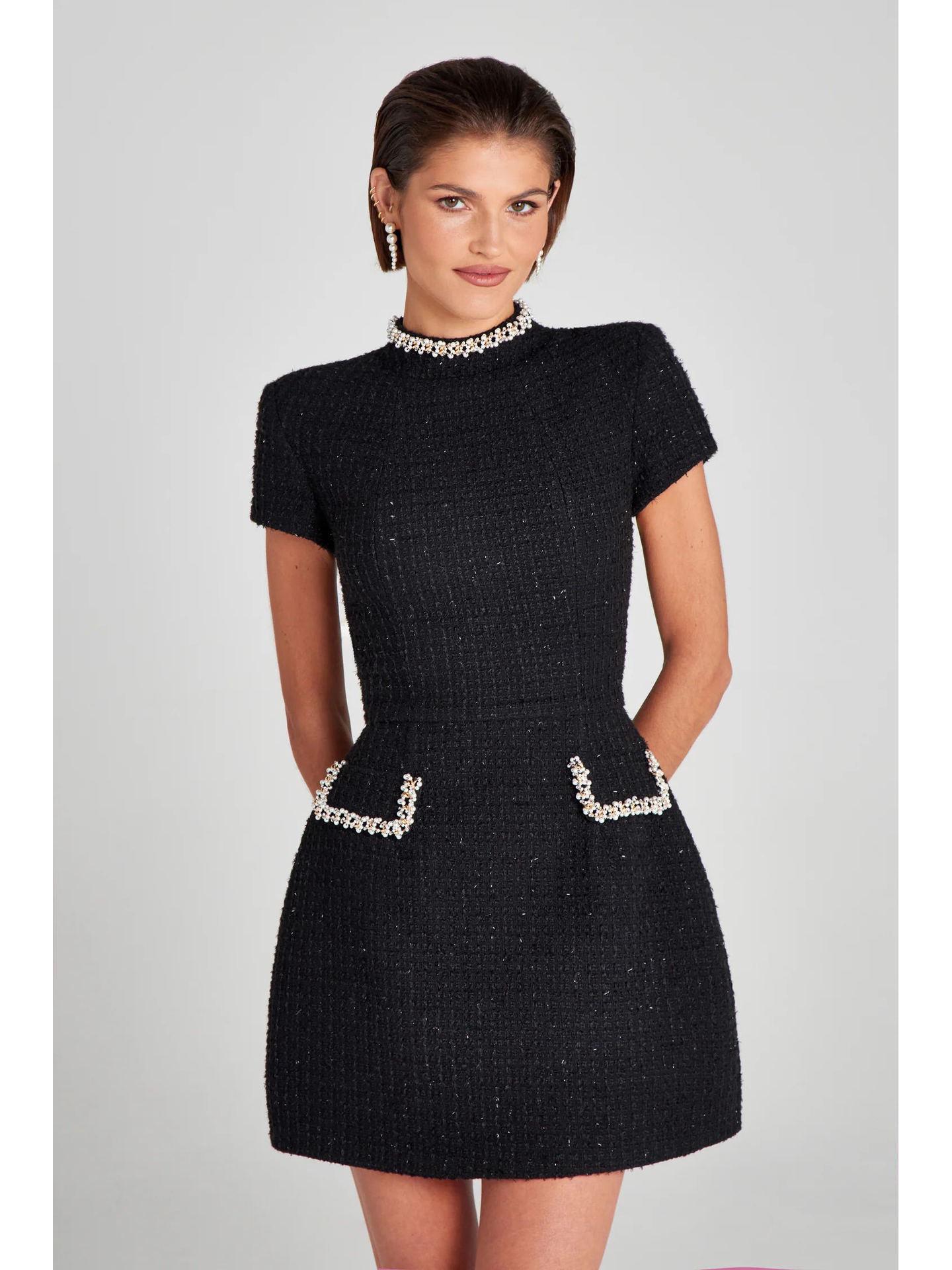 

Європейський та американський стиль, приталена сукня з бісером та круглим вирізом для жінок 2024 Medium чорний