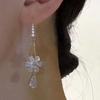 French Light Luxury Crystal Zircon Flower Drop Earrings For Women Elegant Pearl Rhinestone Tassel Earrings Wedding Jewelry Gifts