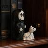 3D Carved Skeleton Decoration Grim Reaper & Ghostly Puppy Resin Figurine, Black Robed with Cute Mini Halloween Figurine 13cm Ghost Dog