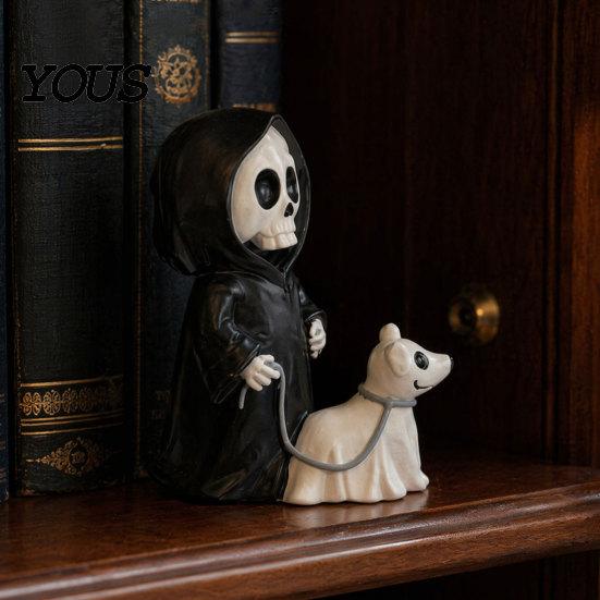 3D Carved Skeleton Decoration Grim Reaper & Ghostly Puppy Resin Figurine, Black Robed with Cute Mini Halloween Figurine 13cm Ghost Dog