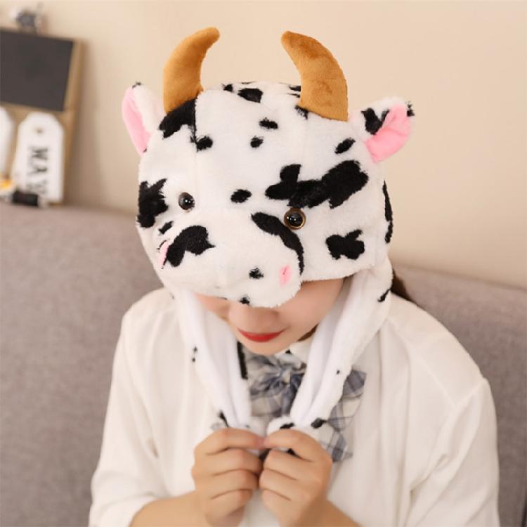 Warm Hat with Jumping Ears Party Stuffed Cow Ox Horn Toy Fleece Cap for Kids