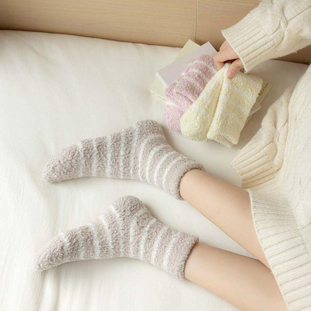 6Pairs Patchwork Thicken Velvet Socks Stripe Sleeping Socks Warm Coral Fleece Socks  Women