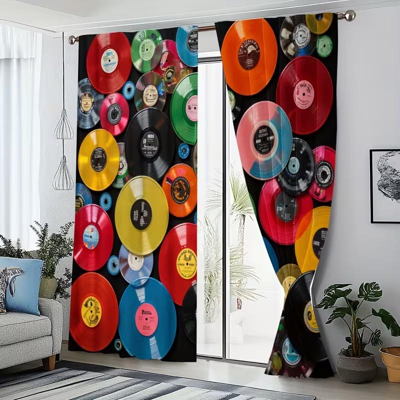 Set di 2 Tende con Stampa di Dischi Retrò Adatte Camera da Letto Soggiorno Cucina Decorazione Finestra Casa Realizzate in Poliestere Trattamento Area