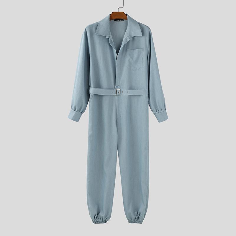 INCERUN Men Lapel Neck Long Sleeve Belt Solid Color Casual Buttons Long Jumpsuits Rompers