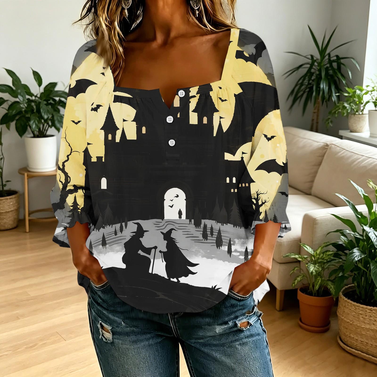 Women s Halloween Square Neck Button T-Shirt Top with 3D Print L