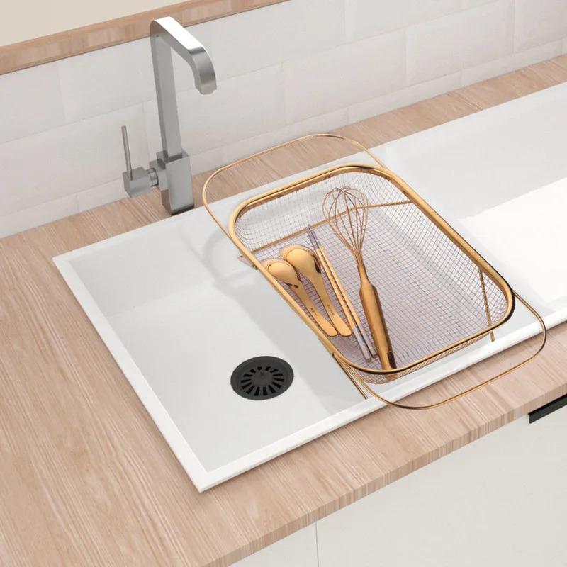 Küchenablaufkorb, Edelstahl Ausziehbarer Rechteckiger Maschen-Abtropfer, Spülbecken-Siebkorb Über dem Spülbecken Abtropfsieb