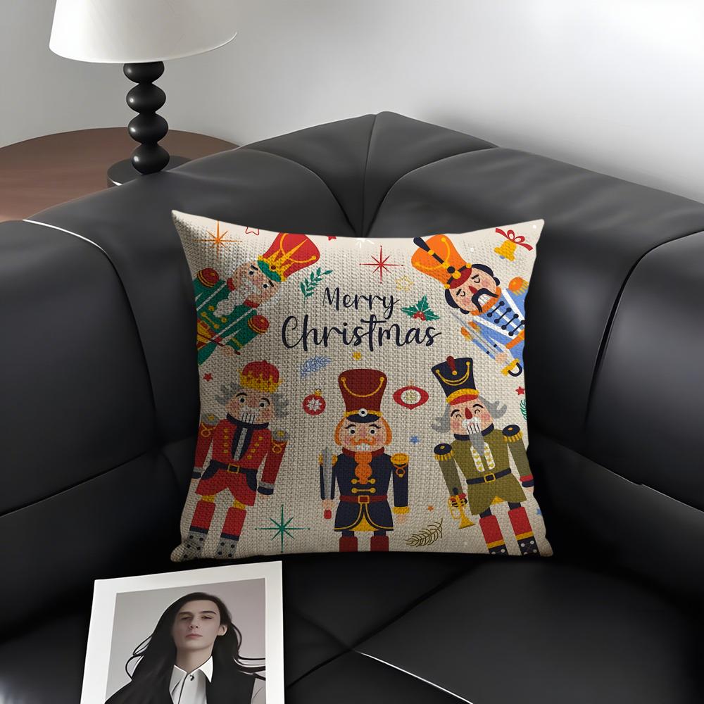 Nutcracker Soldier Christmas Cushion Cover Natural Linen Organic Fabric DoubleSided Printing Sofa Home Decor Gift Pillow Case