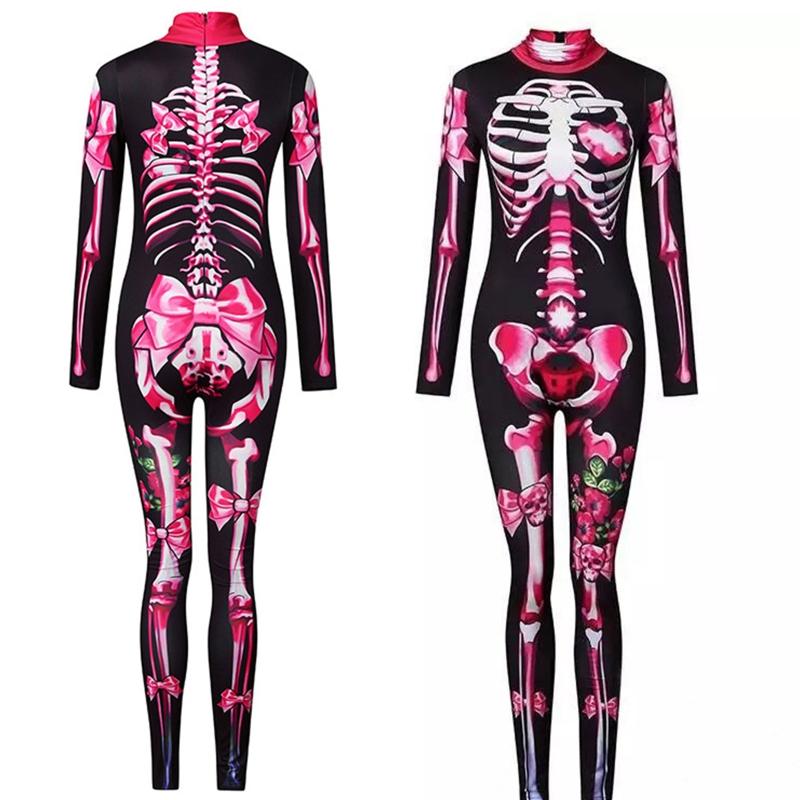 Women Halloween Party Costume Turtleneck Skull Print Long Sleeve Jumpsuit Outfit Scary Skeleton Bodysuit for Adults
