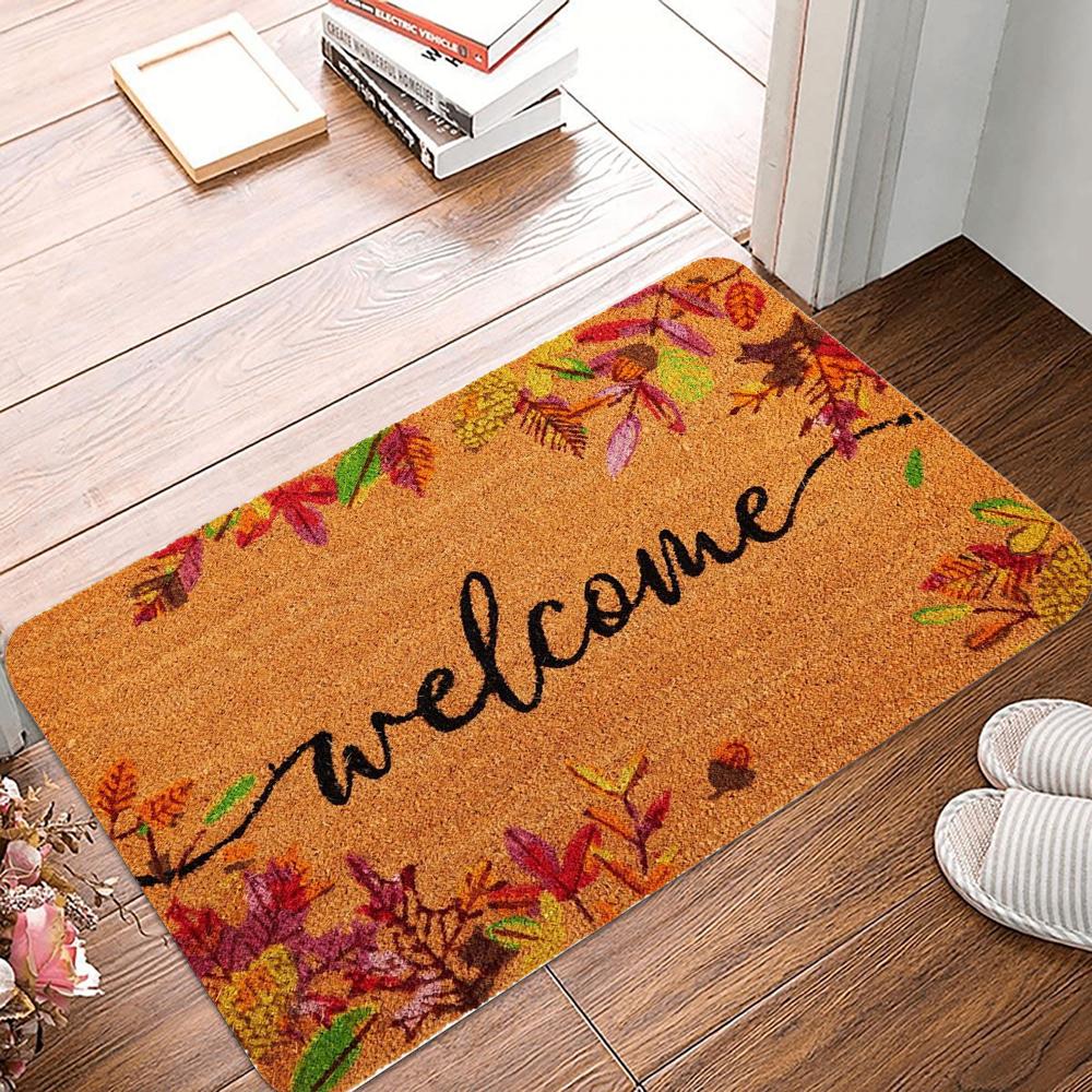 Autumn Theme Door Mat Various Fall Patterns Like Maple Leaves Pumpkins and "Welcome" Letters Non - Slip Floor Mat for Home Decor